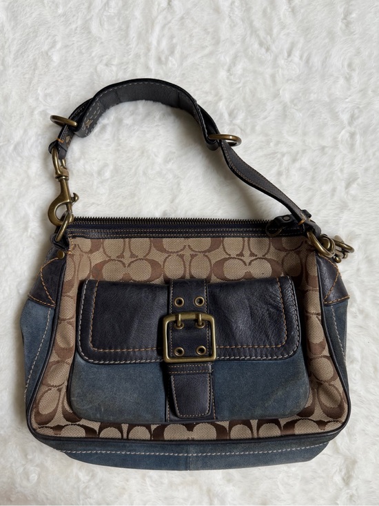 Coach Handbags - Coach Brown Logo Canvas Shoulder Bag with Dark Blue Leather Trim
